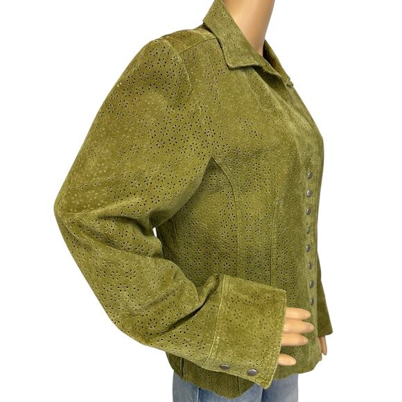 Aria 100% Leather Jacket Eyelet Moss Green Button Front Long Sleeve Size L - Picture 3 of 10